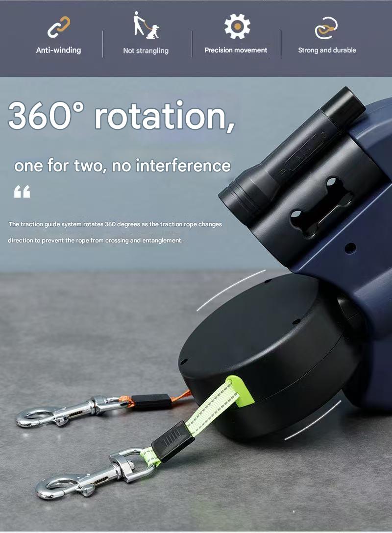 Dual Retractable Dog Leash with LED Light & 360° Rotation – Walk Two Dogs Tangle-Free, Day or Night